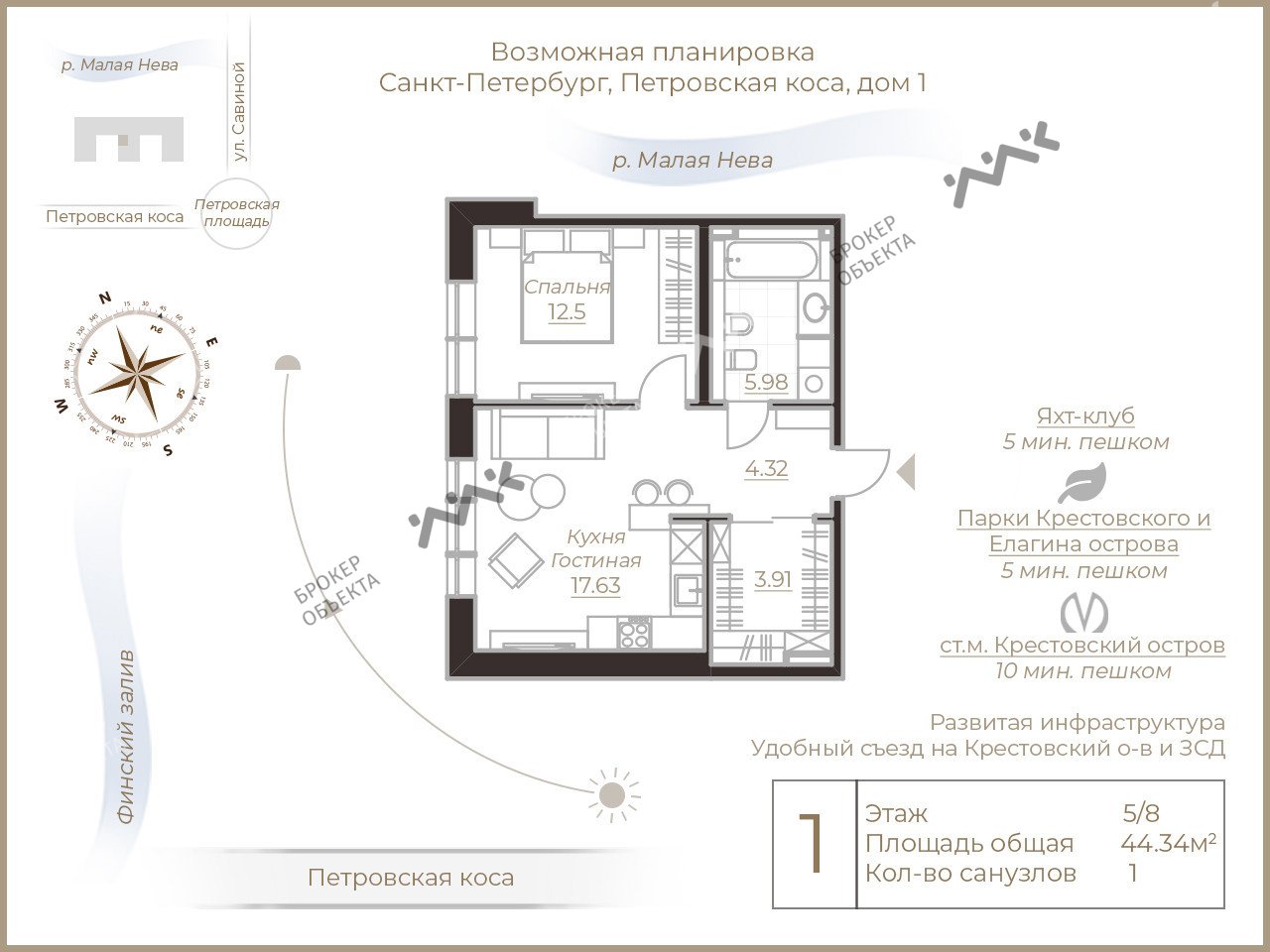 1 комн. кв. 44.34 m2 5/8 этаж Петровская коса, д.1, к.2, лит.А Купить по  цене 17800000 ₽